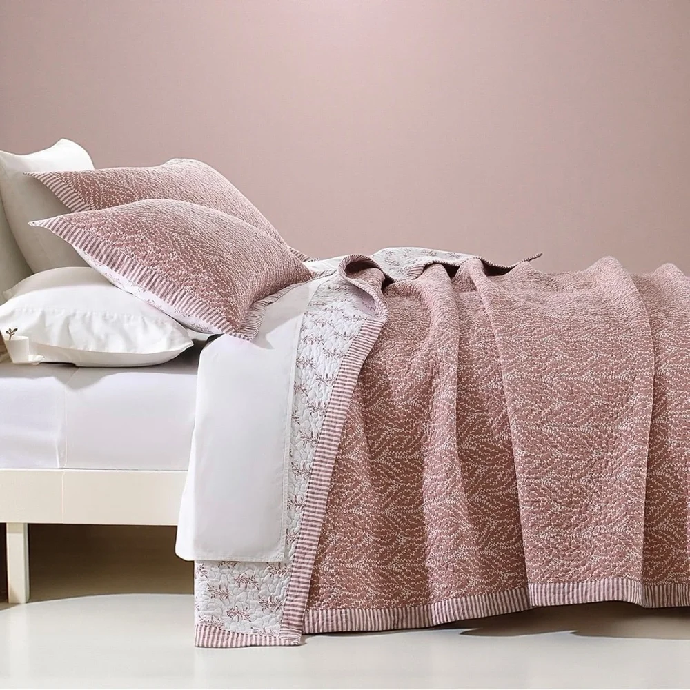 NEW West Elm Blush Botanical Pattern Cotton Queen King Bedding Quilt & Sham Set
